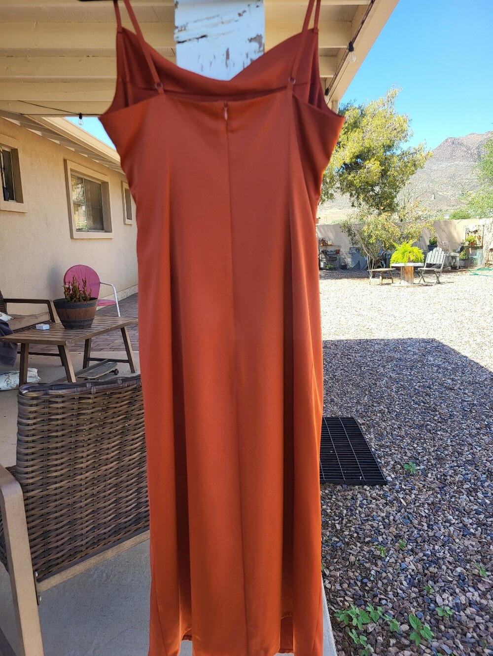 Lulu's Hollywood Woman Rust Orange Satin Cowl Neck Strappy Maxi Dress. Medium - Picture 3 of 16